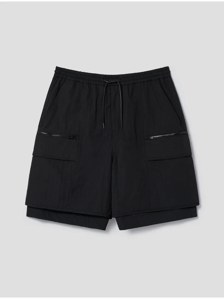Nylon Layered Detail Long Short Pants - Black