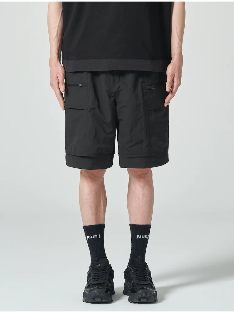 Nylon Layered Detail Long Short Pants - Black