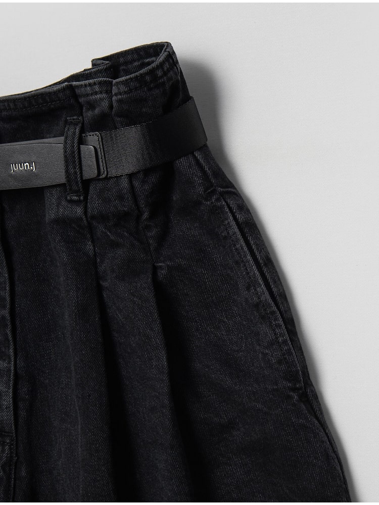 Real Leather Belted Denim Wide Pants - Black