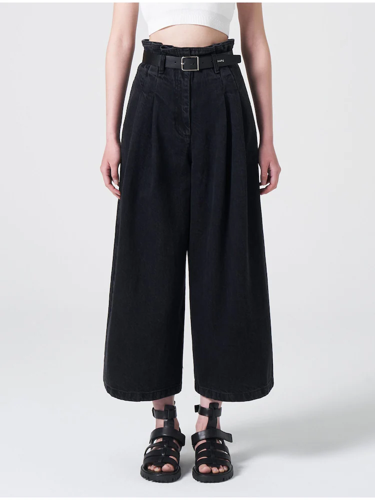 Real Leather Belted Denim Wide Pants - Black