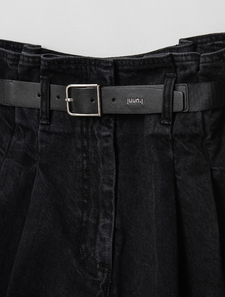 Real Leather Belted Denim Wide Pants - Black