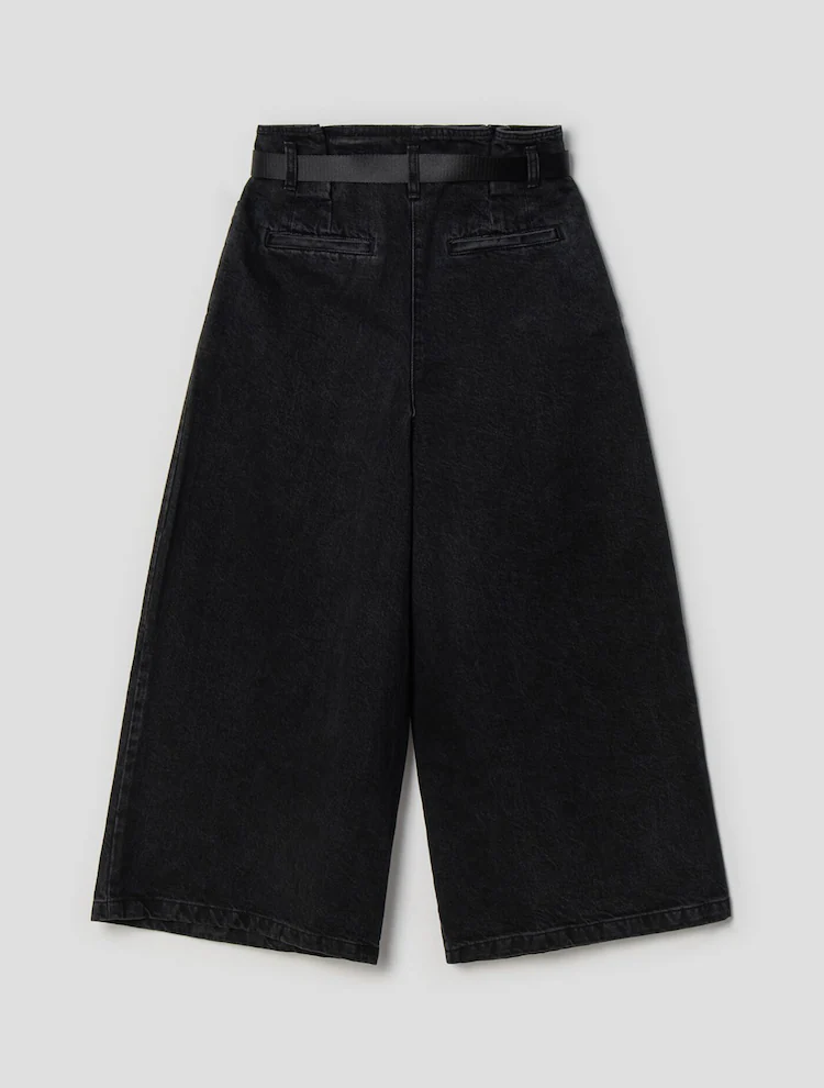 Real Leather Belted Denim Wide Pants - Black