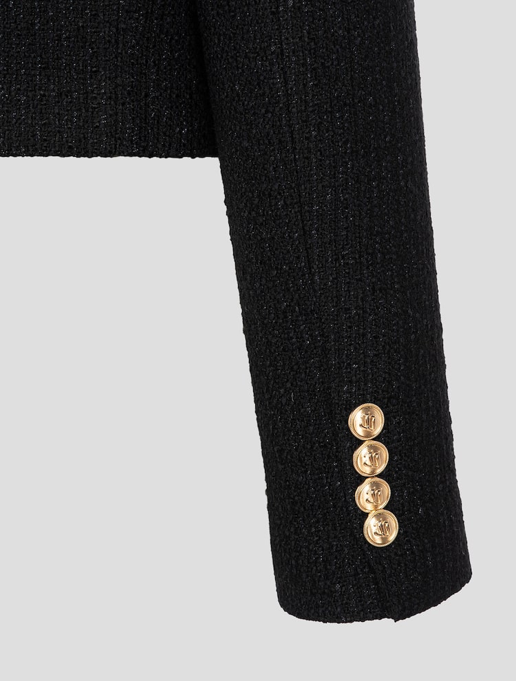 Tweed Round Neck Gold Button Cropped Jacket - Black