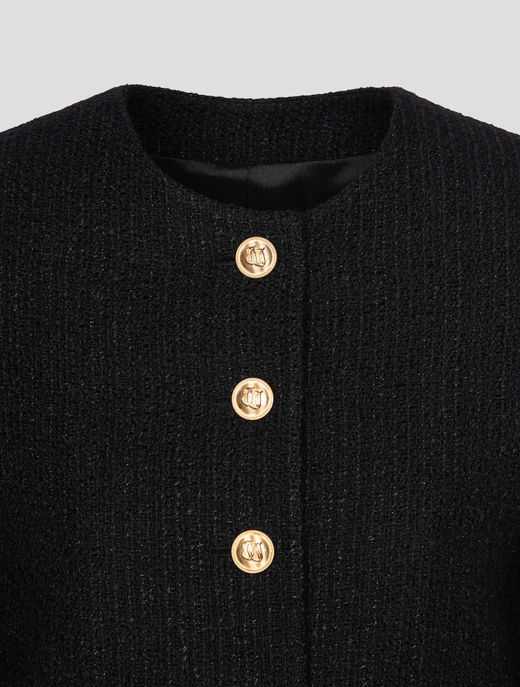 Tweed Round Neck Gold Button Cropped Jacket - Black