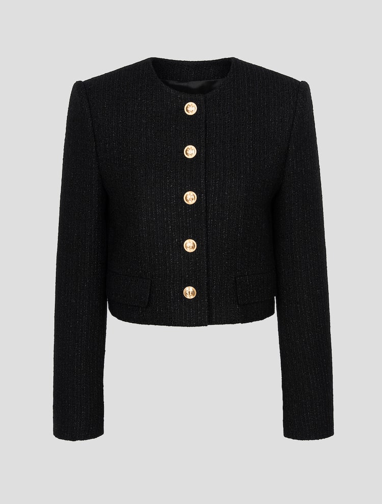 Tweed Round Neck Gold Button Cropped Jacket - Black