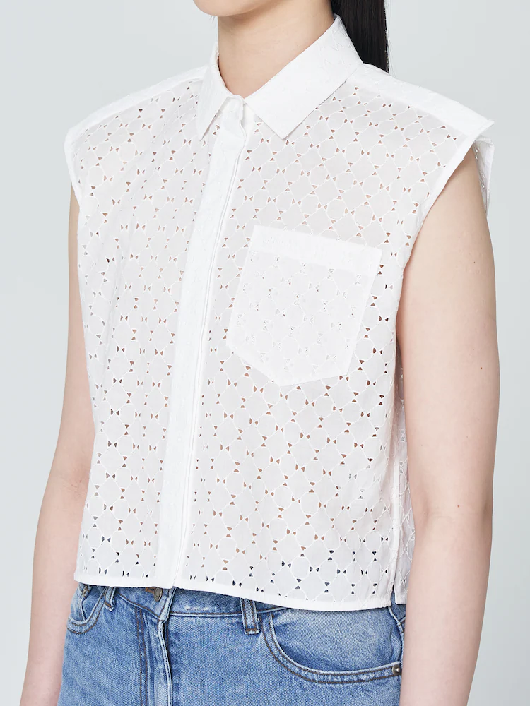 Pocket Detail Eyelet Sleeveless Shirt - White