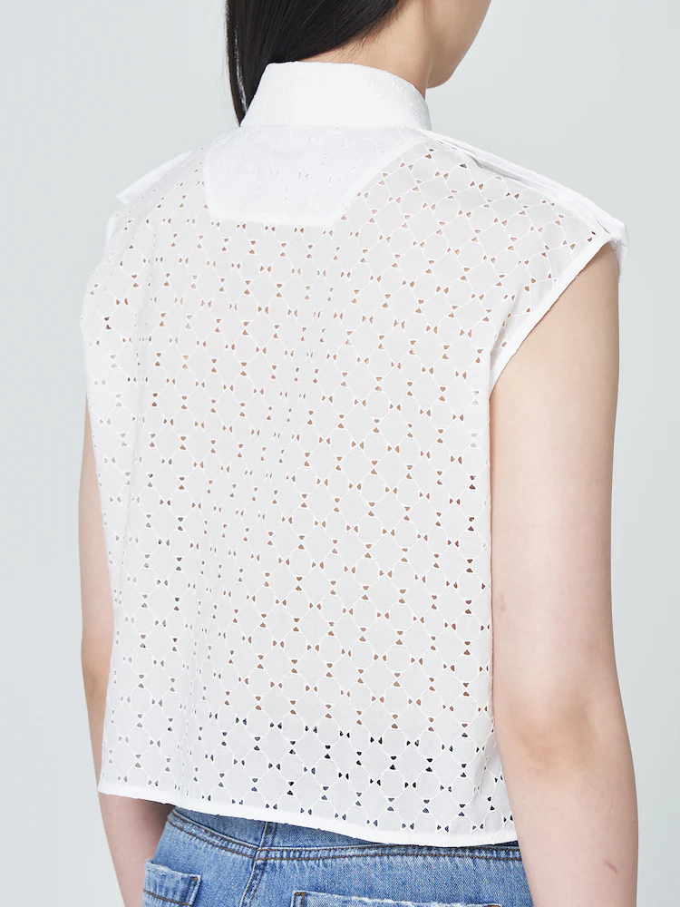 Pocket Detail Eyelet Sleeveless Shirt - White