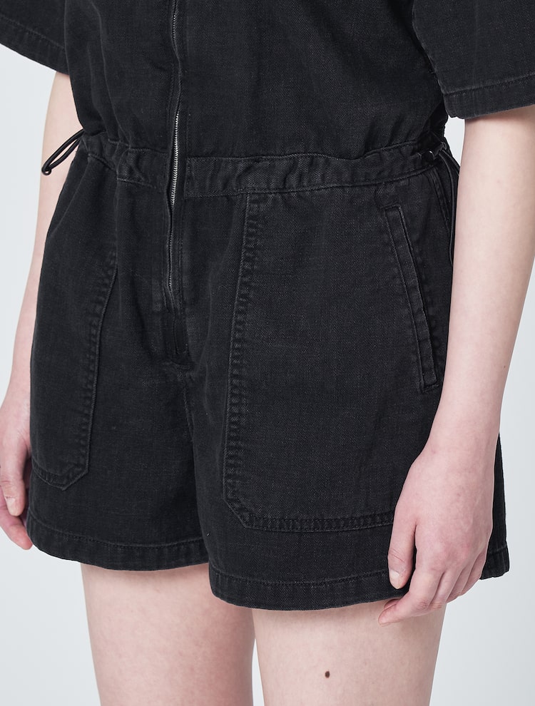 Denim Half Sleeve Jumpsuit - Black