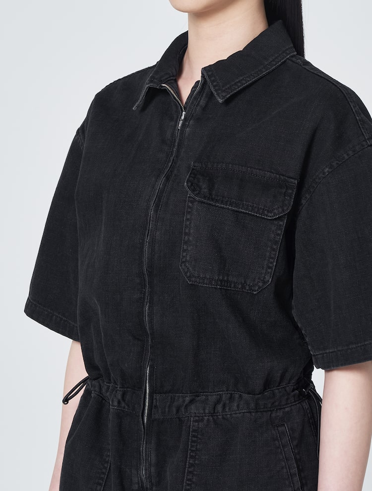 Denim Half Sleeve Jumpsuit - Black