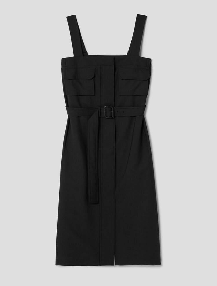 Wool Blended Outpocket Overall Midi Dress - Black