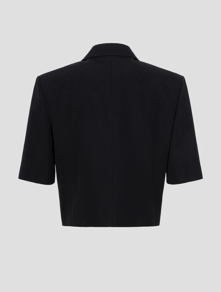 Linen Blended Half Sleeve Cropped Jacket - Black