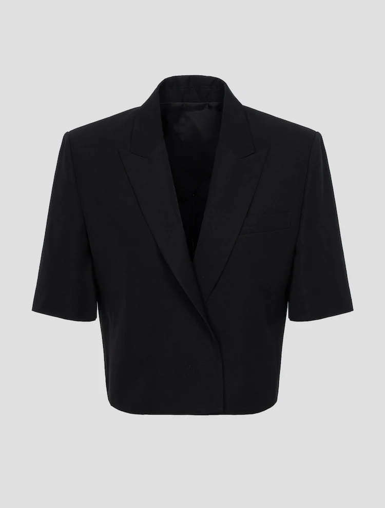 Linen Blended Half Sleeve Cropped Jacket - Black