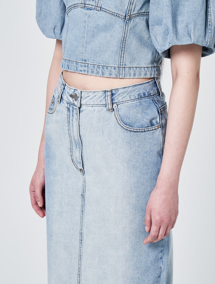 Denim Long Slit Skirt - Sky Blue