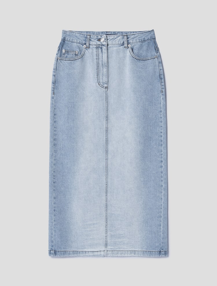 Denim Long Slit Skirt - Sky Blue