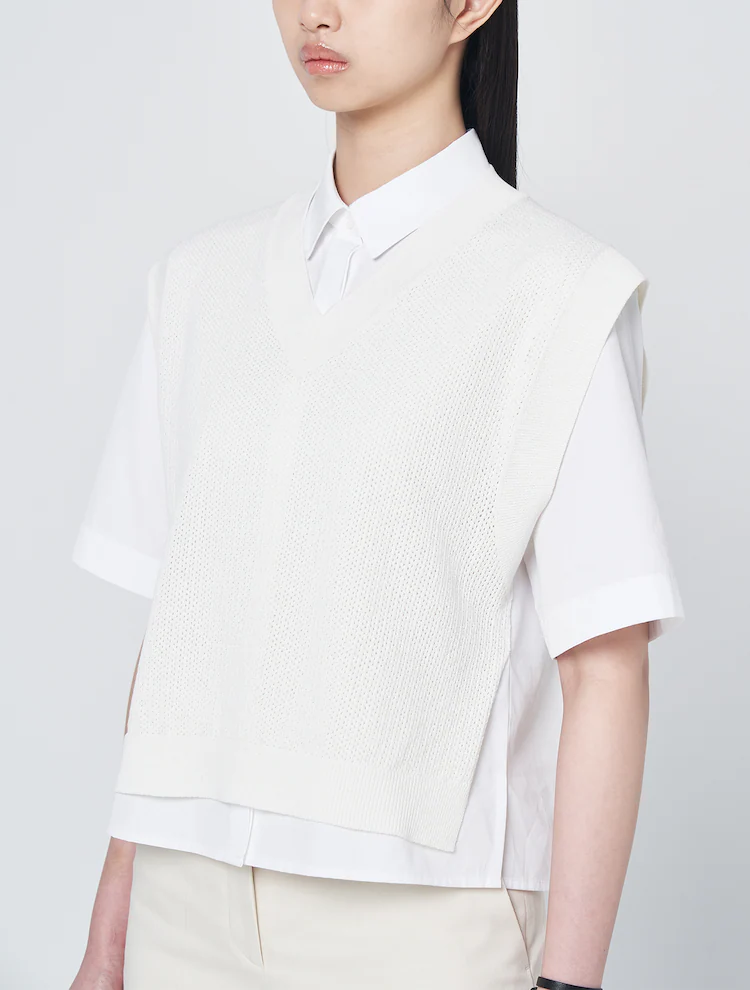 Carryover Knit Vest Patch Short Sleeve Shirt - White