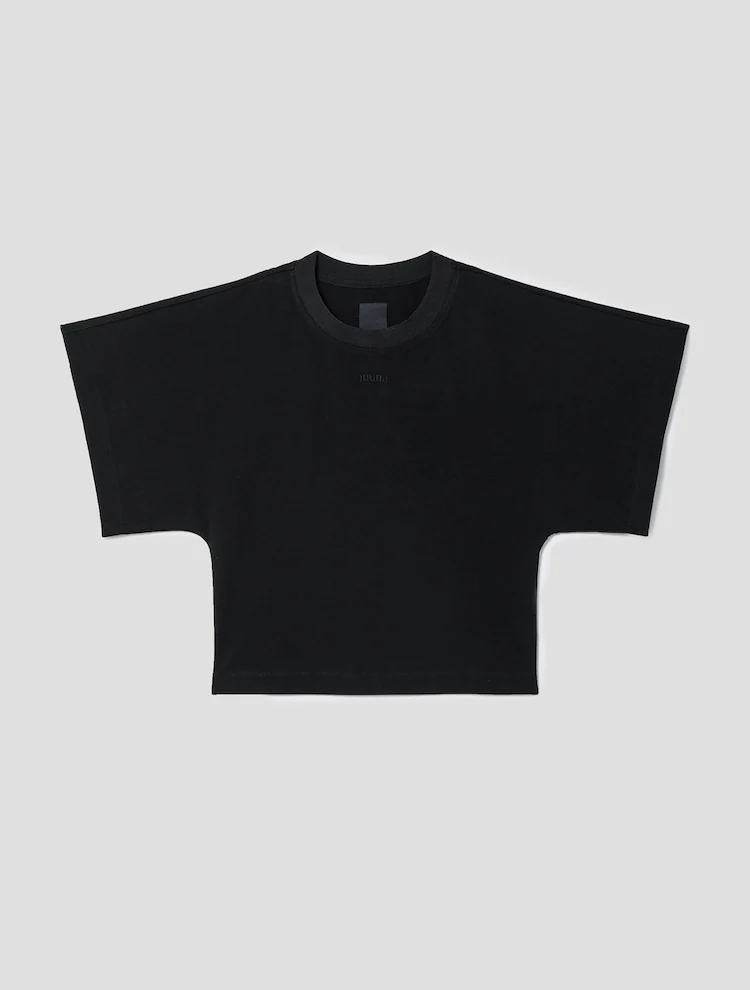 Wide Sleeve Crop Short Sleeve T-Shirt - Black
