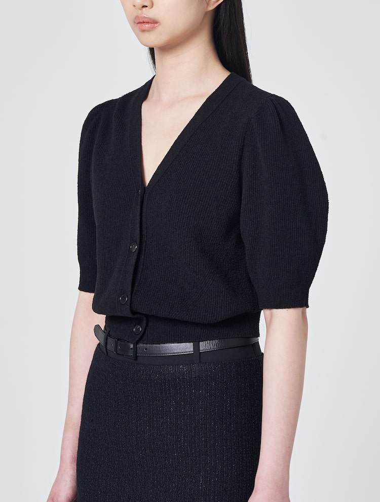 Cotton Blend Half Sleeve Cropped Cardigan - Black