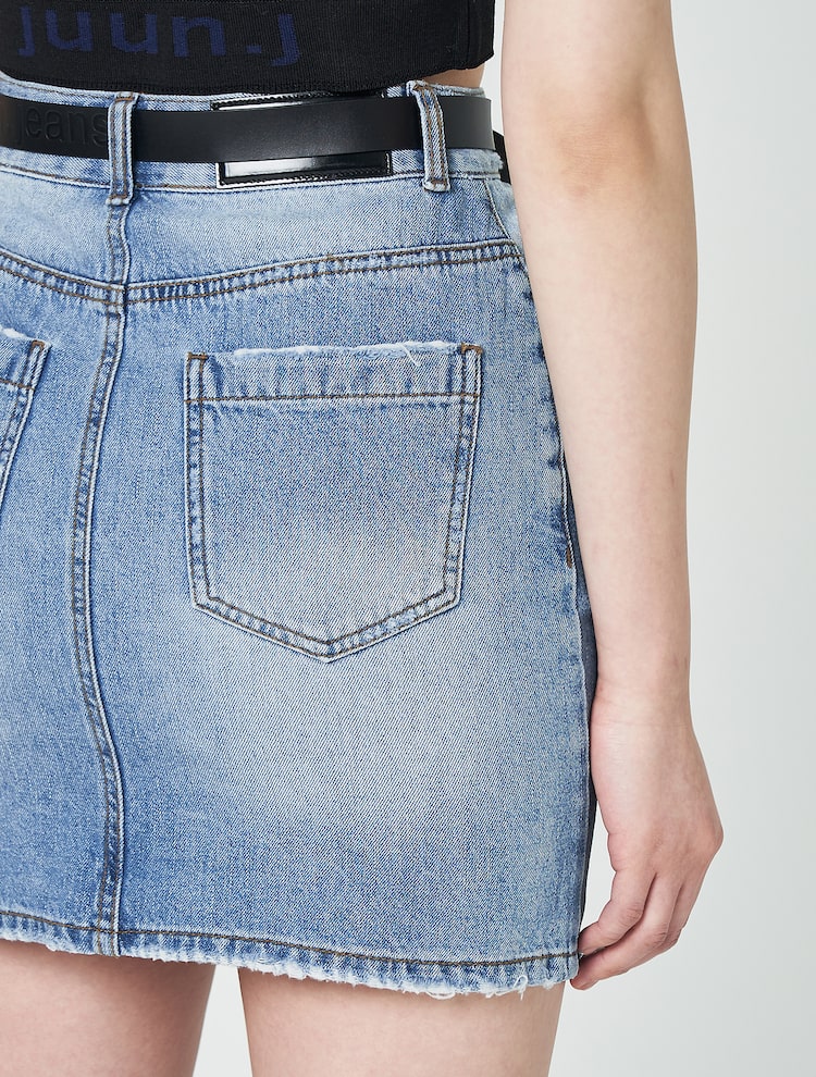 Destroyed Denim Mini Skirt - Blue