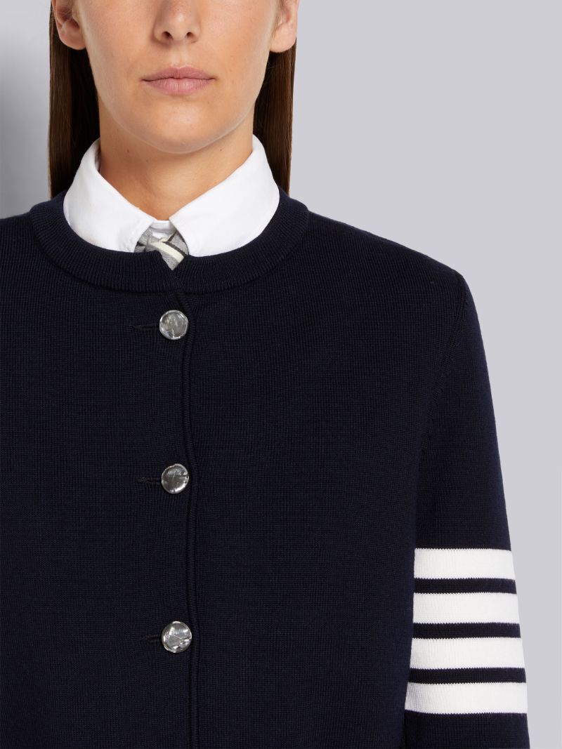 NAVY DOUBLE FACE FINE MERINO WOOL 4-BAR ENGRAVED MRS. THOM BUTTON CREWNECK CARDIGAN JACKET