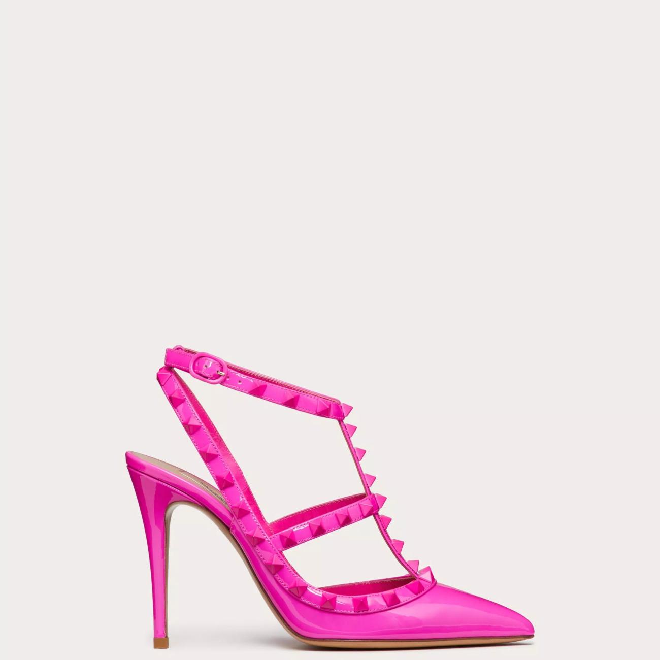 TONE-ON-TONE STUD-EMBELLISHED PATENT LEATHER ROCKSTUD STRAP PUMPS 100MM