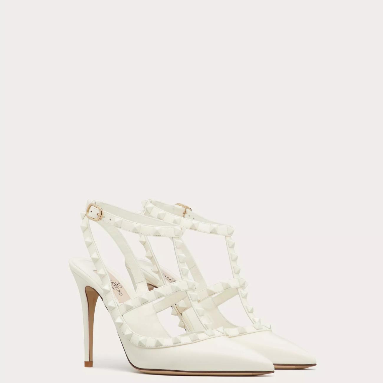 TONE ON TONE STUD EMBELLISHED ROCKSTUD STRAP PUMPS 100MM WHITE