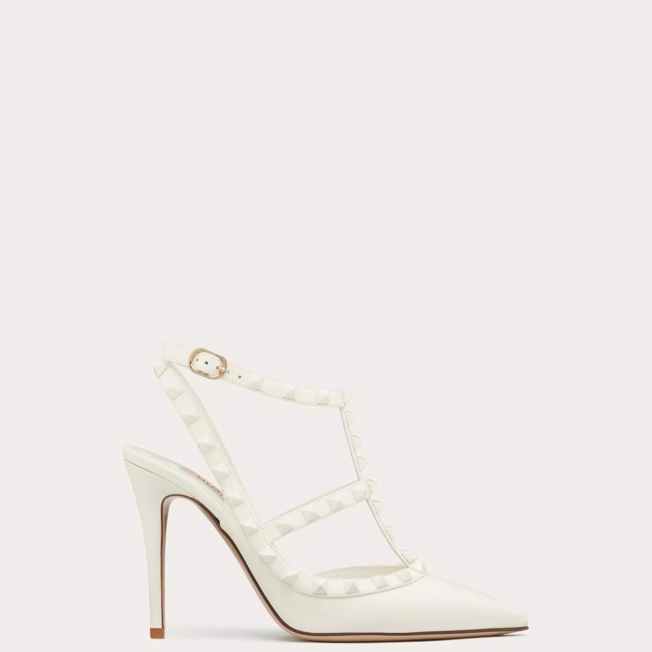 TONE ON TONE STUD EMBELLISHED ROCKSTUD STRAP PUMPS 100MM WHITE