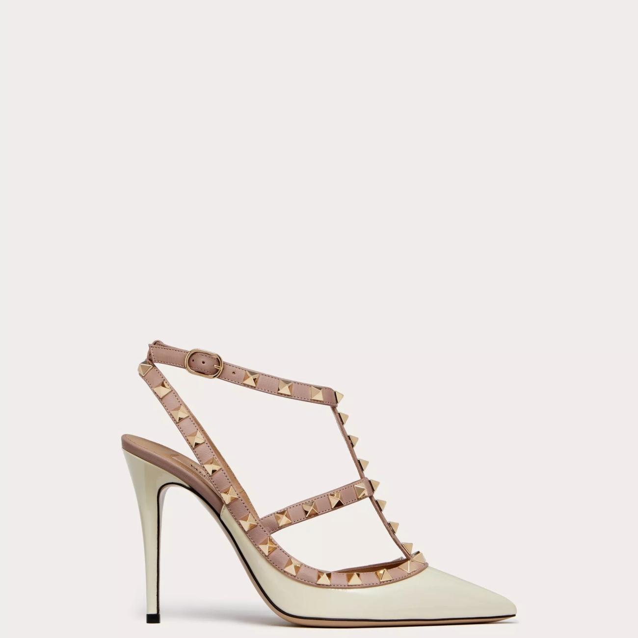 100MM PATENT LEATHER ROCKSTUD CAGE PUMPS LIGHT CREAM