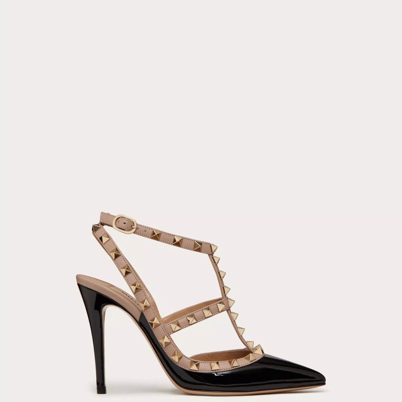 100MM PATENT LEATHER ROCKSTUD CAGE PUMPS BLACK