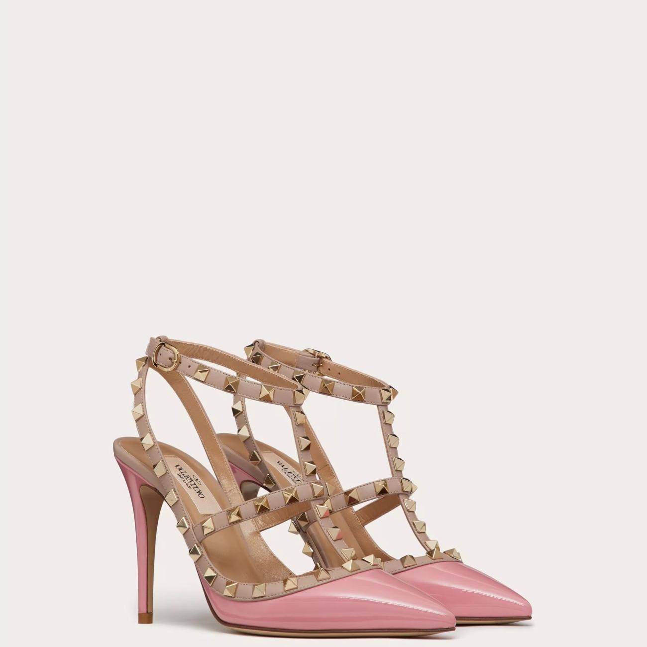 100MM PATENT LEATHER ROCKSTUD CAGE PUMPS PINK