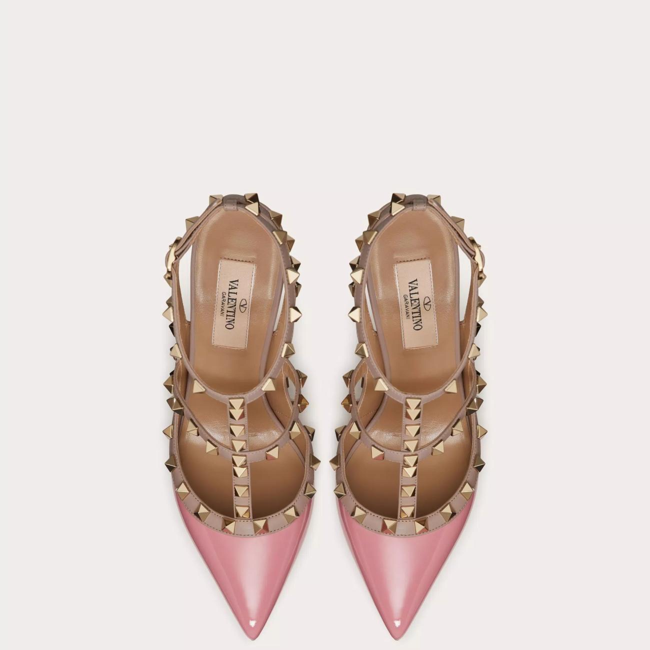 100MM PATENT LEATHER ROCKSTUD CAGE PUMPS PINK
