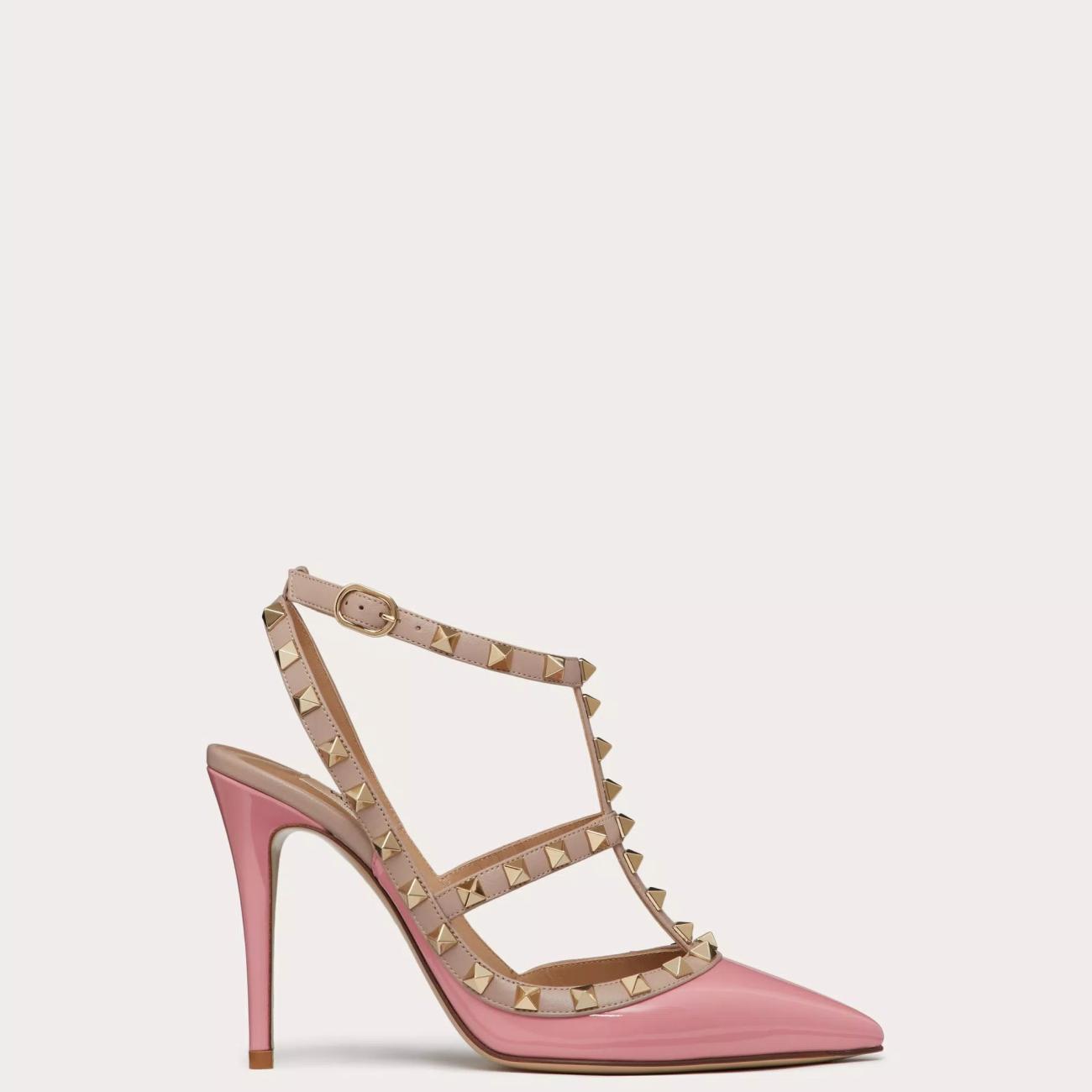 100MM PATENT LEATHER ROCKSTUD CAGE PUMPS PINK