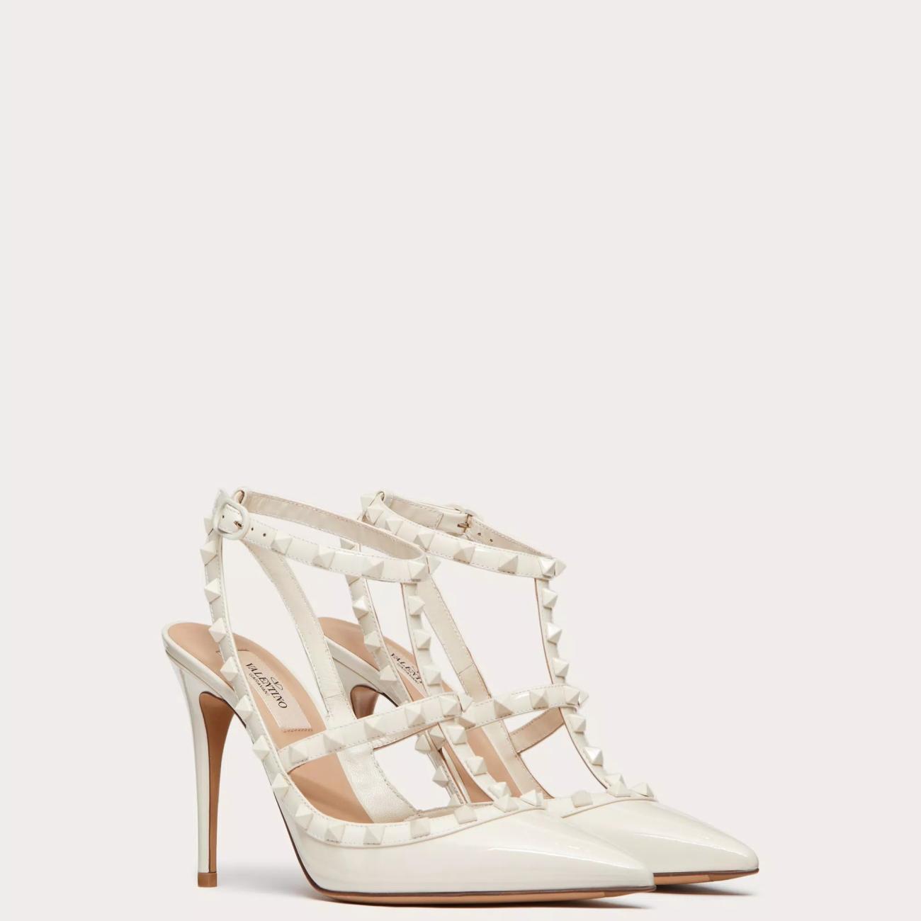 TONE-ON-TONE STUD-EMBELLISHED PATENT LEATHER ROCKSTUD STRAP PUMPS 100MM