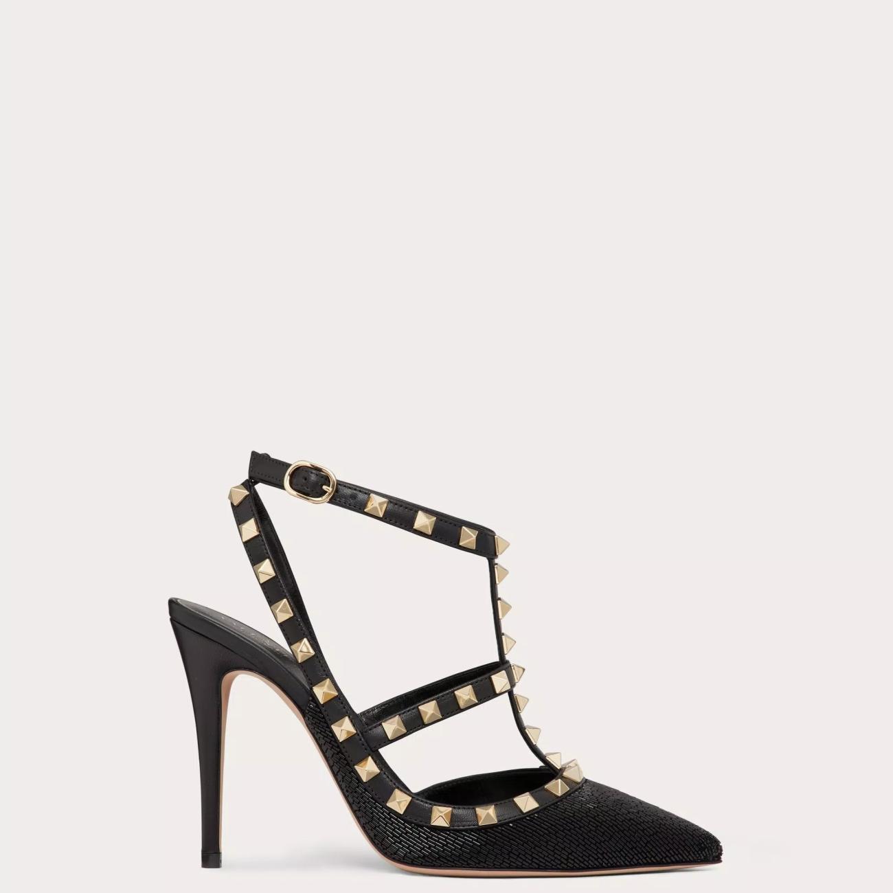 ALL OVER TUBULAR BEAD EMBROIDERY SATIN ROCKSTUD STRAP PUMPS 100MM