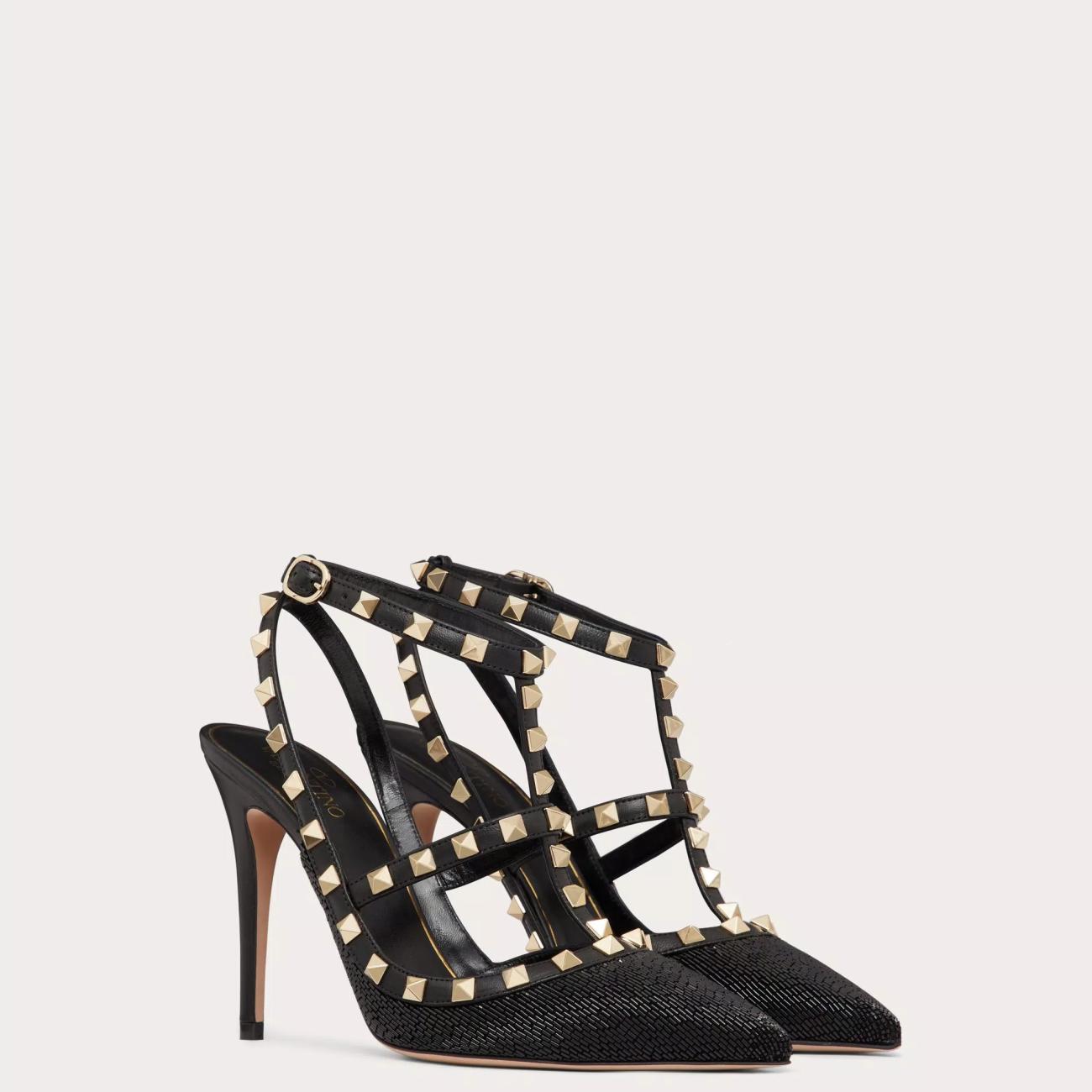 ALL OVER TUBULAR BEAD EMBROIDERY SATIN ROCKSTUD STRAP PUMPS 100MM