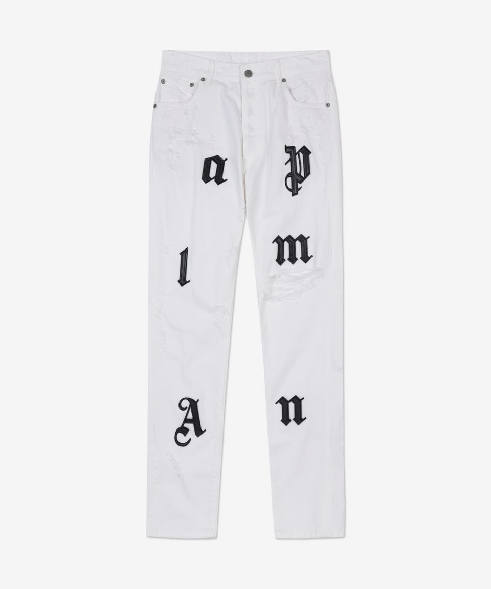 [3 Days Special] Men's Logo Patch Distressed Pants - White