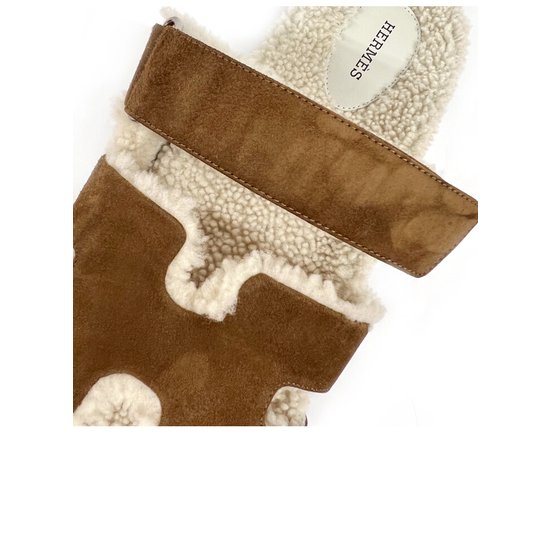 Hermes Chypre Sandal Suede Goatskin Woolskin & Brun Fume Ecru