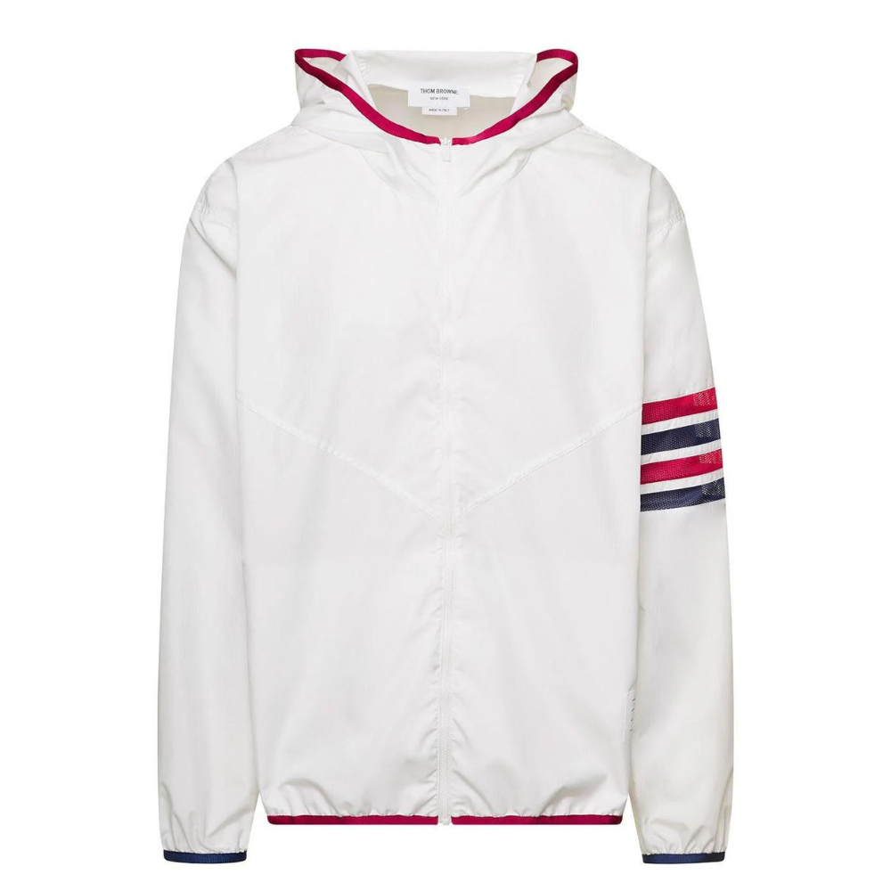 Mesh 4 Bar Stripe Packable Military Ripstop Hood Zip Up - White