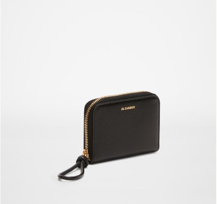 Small leather holster, hand-knotted wrist strap and embossed Jil Sander logo black