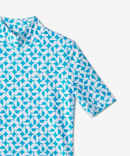 Women's All Over Logo Pattern High Neck Short Sleeve T-Shirt - Light Blue