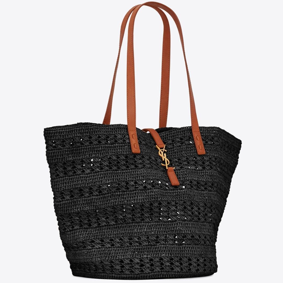 Top Handle Raffia Tote Bag - Black