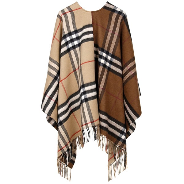 Beige Contrast Check Wool Cashmere Cape