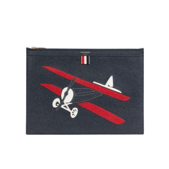 NAVY PEBBLE GRAIN LEATHER PLANE APPLIQUE MEDIUM DOCUMENT HOLDER