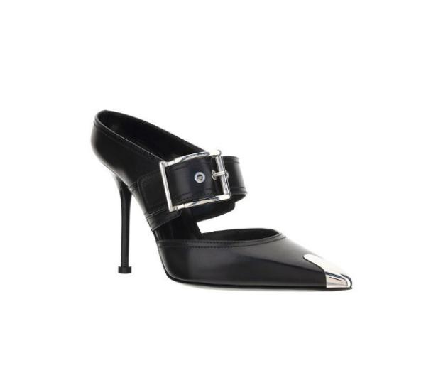 Metal toe buckle leather mulle heel