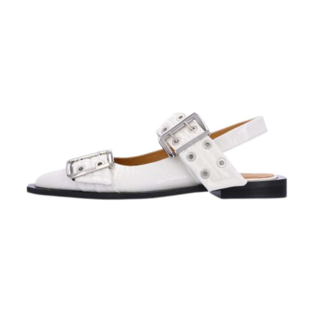 Women's Wide Welt Buckle Flat Shoes - White 