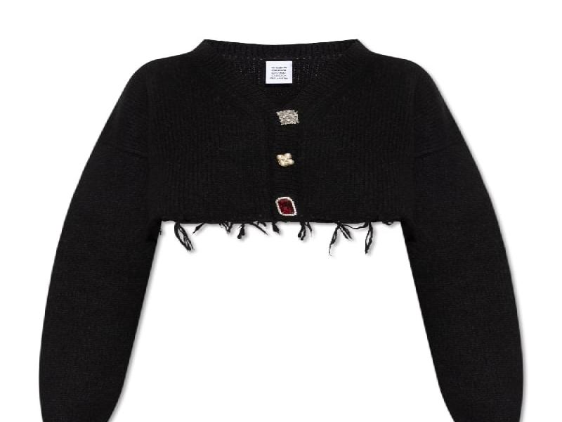 Jewel button frayed crop cardigan