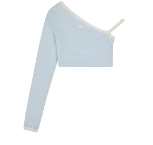 Women's Cropped Asymmetric Contrast Long Sleeve Top - Ice Blue