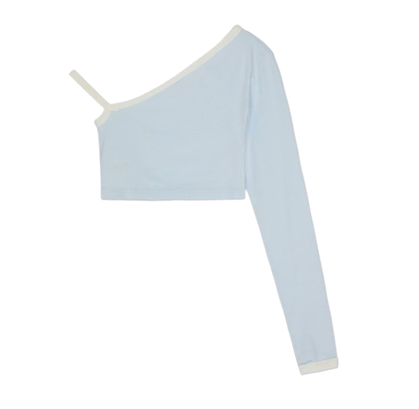 Women's Cropped Asymmetric Contrast Long Sleeve Top - Ice Blue