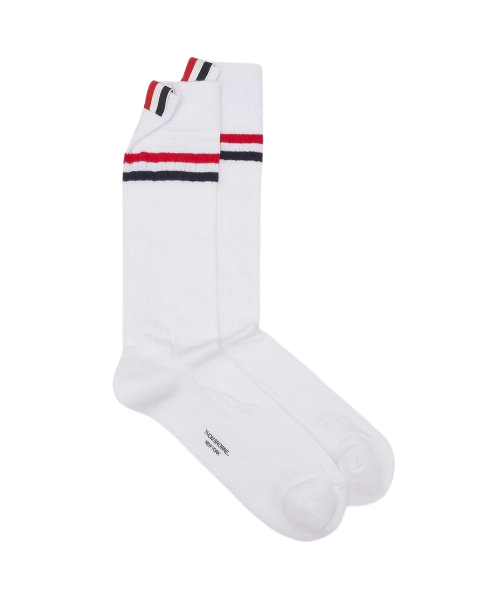 Men's Athletic Ribbed Cotton Striped Mid Calf Socks - White