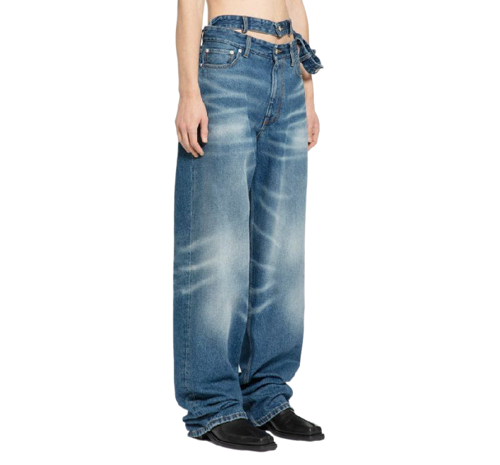 Double waist washed denim pants