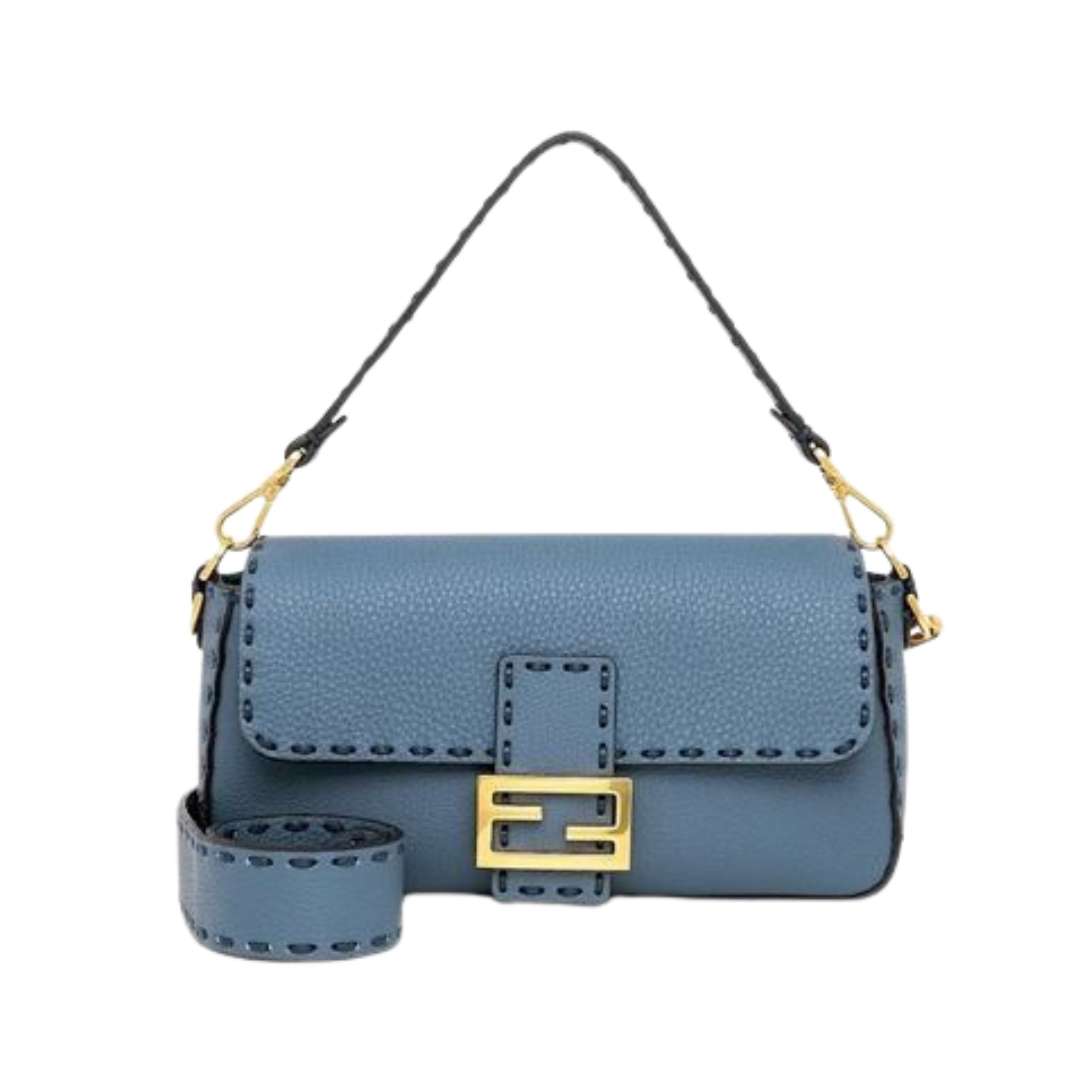 Baguette Blue Selleria bag with oversize topstitching